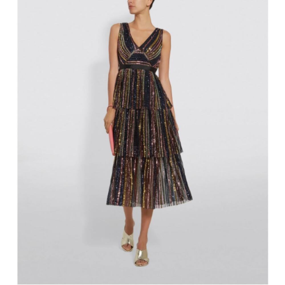 Self-Portrait Striped Sequin Midi Dress
